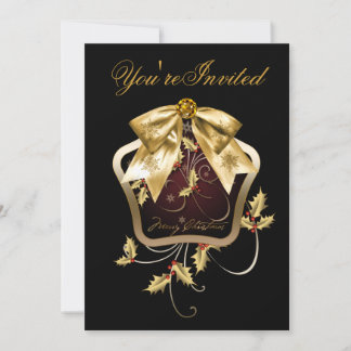 Black Gold Holly Christmas Party Invitations