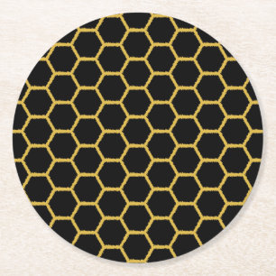 Black Gold Honeycombs Round Paper Coaster
