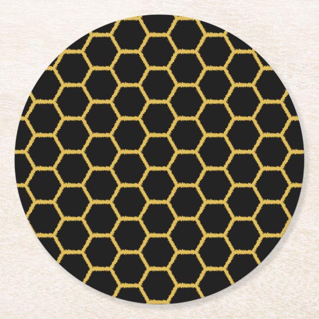 Black Gold Honeycombs Round Paper Coaster (Front)