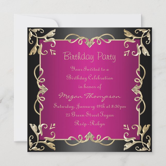 Black/Gold & Hot Pink Swirl Birthday Invitation (Front)