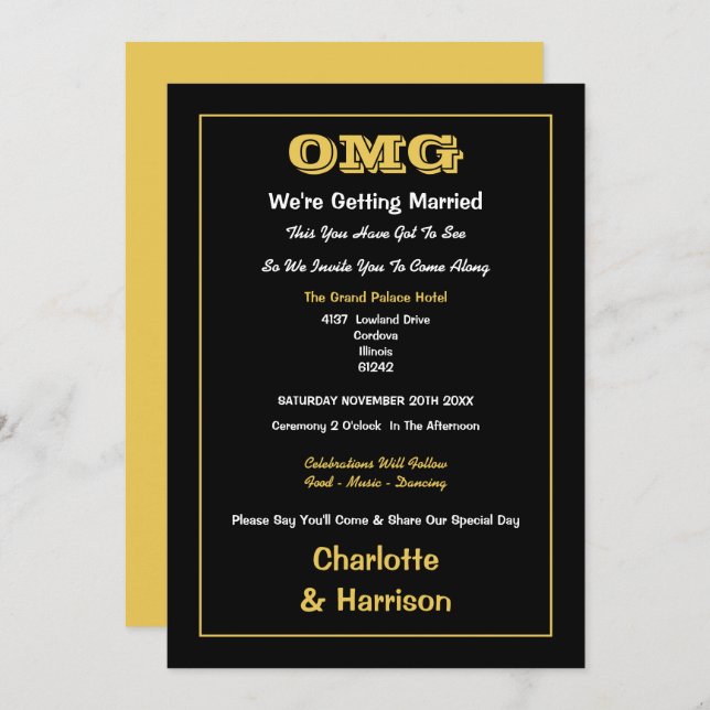 Black Gold Informal Wedding Invitation (Front/Back)