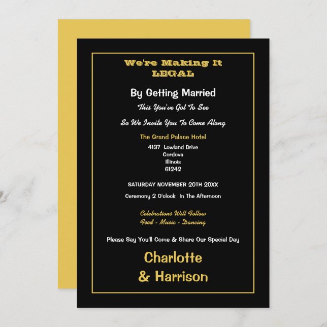 Black Gold Informal Wedding Invitation (Front/Back)