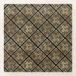 BLACK & GOLD IRISH CELTIC KNOTS & CROSSES GLASS COASTER