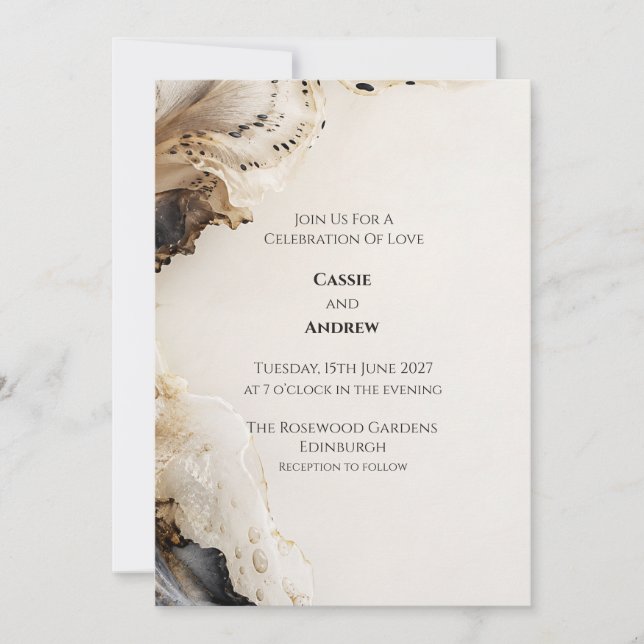 Black Gold Ivory Abstract Ink Wedding Invitation (Front)