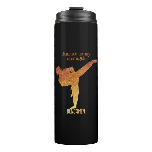 Black Gold Japanese Karate Silhouette Modern Name Thermal Tumbler (Front)