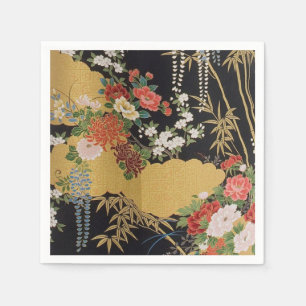 Black Gold Japanese Kimono Floral Paper Napkin