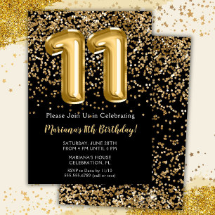 Black Gold Kids Girl 11th Birthday Party Invitation