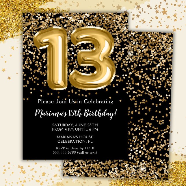 Black Gold Kids Girl 13th Birthday Party Invitation (Creator Uploaded)