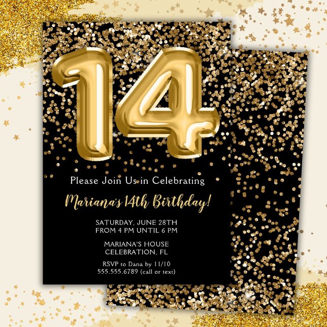 Black Gold Kids Girl 14th Birthday Party Invitatio Invitation (Creator Uploaded)