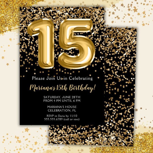Black Gold Kids Girl 15th Birthday Party Invitatio Invitation (Creator Uploaded)