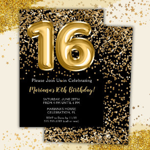 Black Gold Kids Girl 16th Birthday Party Invitatio Invitation