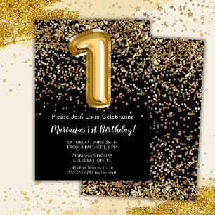 Black Gold Kids Girl 1st Birthday Party Invitation