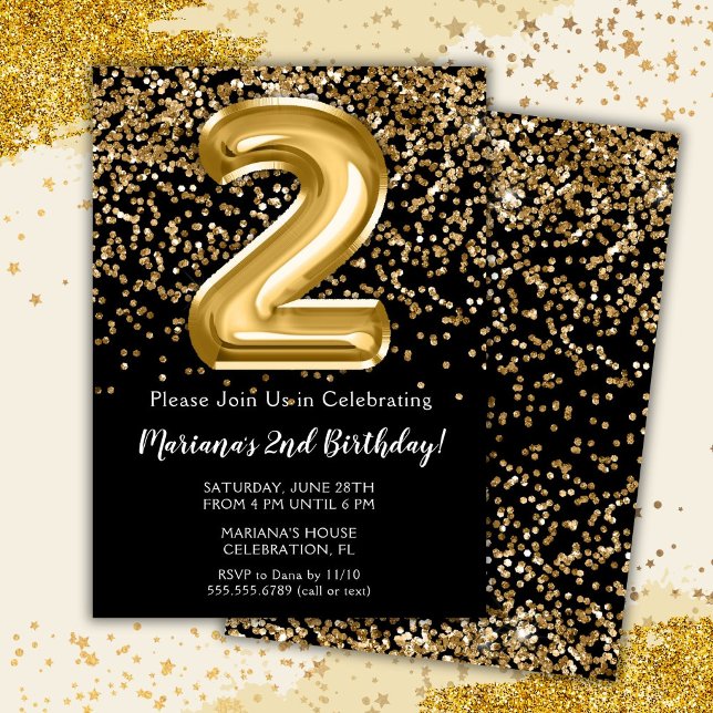 Black Gold Kids Girl 2nd Birthday Party Invitation (Creator Uploaded)