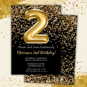 Black Gold Kids Girl 2nd Birthday Party Invitation