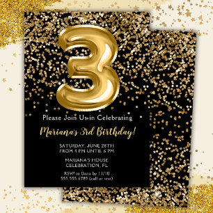 Black Gold Kids Girl 3rd Birthday Party Invitation