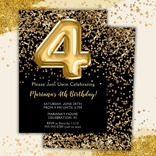 Black Gold Kids Girl 4th Birthday Party Invitation (Creator Uploaded)