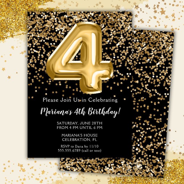 Black Gold Kids Girl 4th Birthday Party Invitation (Creator Uploaded)