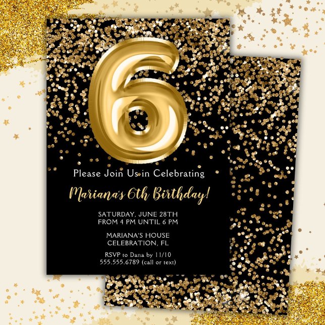Black Gold Kids Girl 6th Birthday Party Invitation (Creator Uploaded)