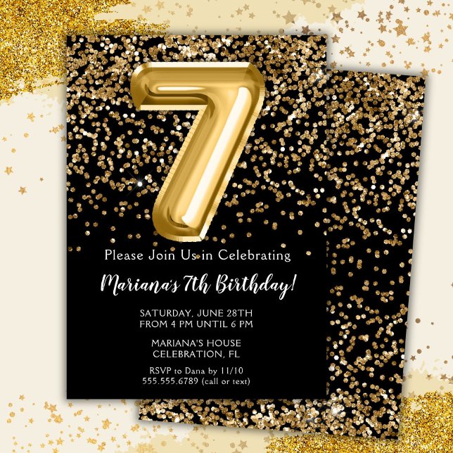Black Gold Kids Girl 7th Birthday Party Invitation (Creator Uploaded)