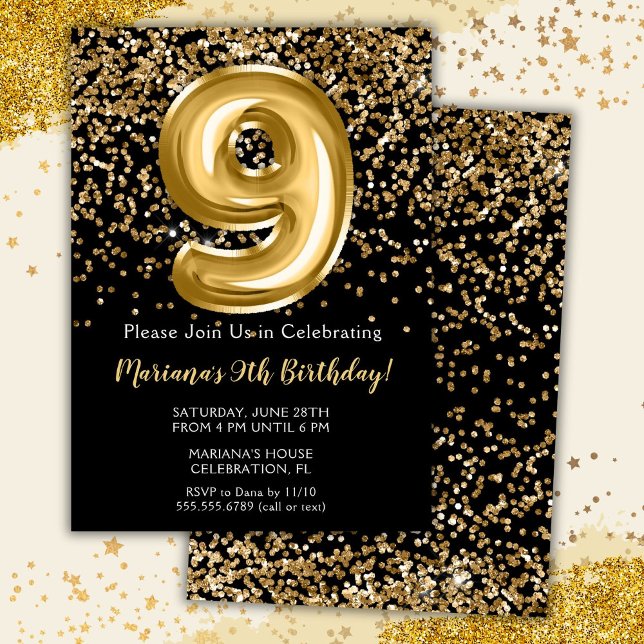 Black Gold Kids Girl 9th Birthday Party Invitation (Creator Uploaded)