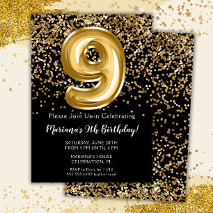 Black Gold Kids Girl 9th Birthday Party Invitation