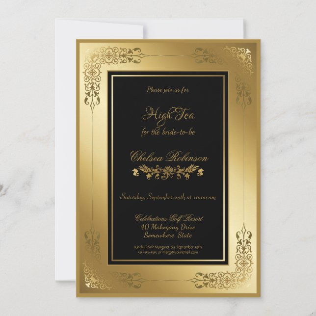 Black Gold Lace Border High Tea Bridal Shower Invitation (Front)