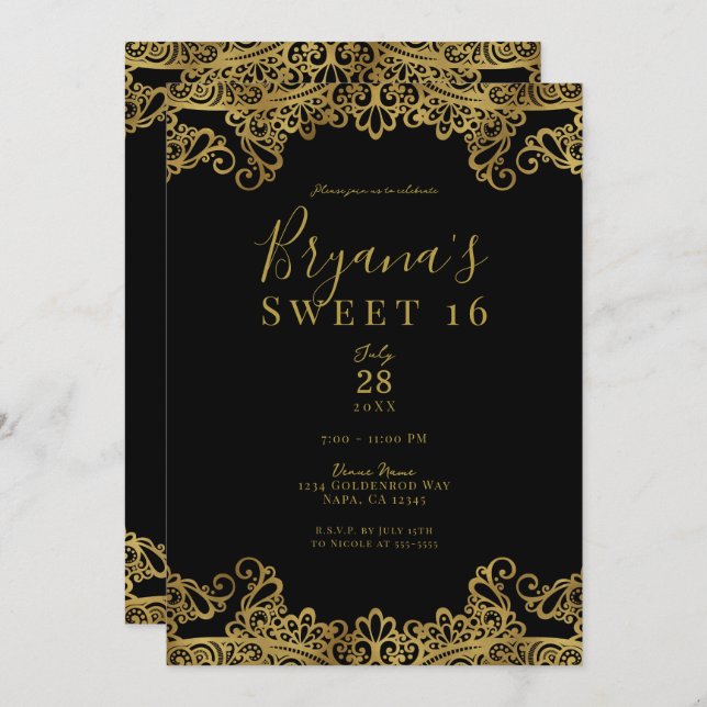 Black & Gold Lace Elegant Sweet 16 Party  Invitation (Front/Back)