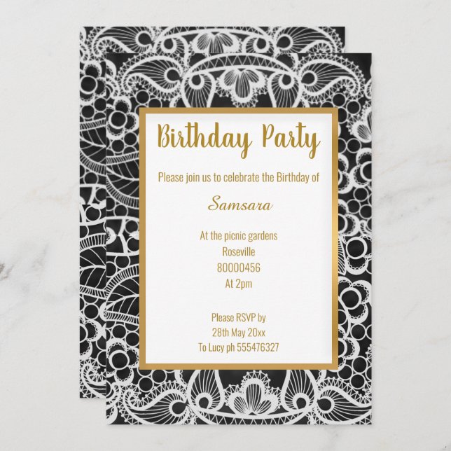 BLACK GOLD LACE GOLD TRIM ELEGANT BIRTHDAY INVITATION (Front/Back)