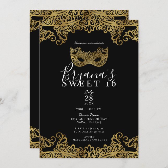 Black & Gold Lace Masquerade Sweet 16 Party Invitation (Front/Back)