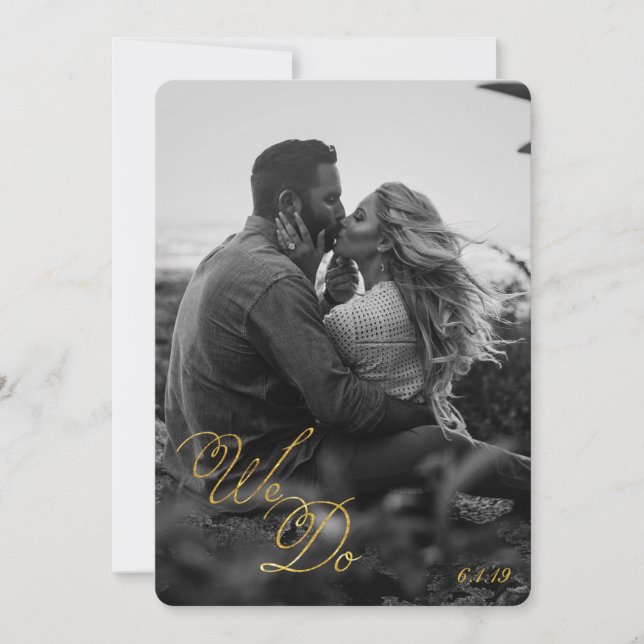 Black Gold Lace Photo Wedding | We Do Script Invitation (Front)