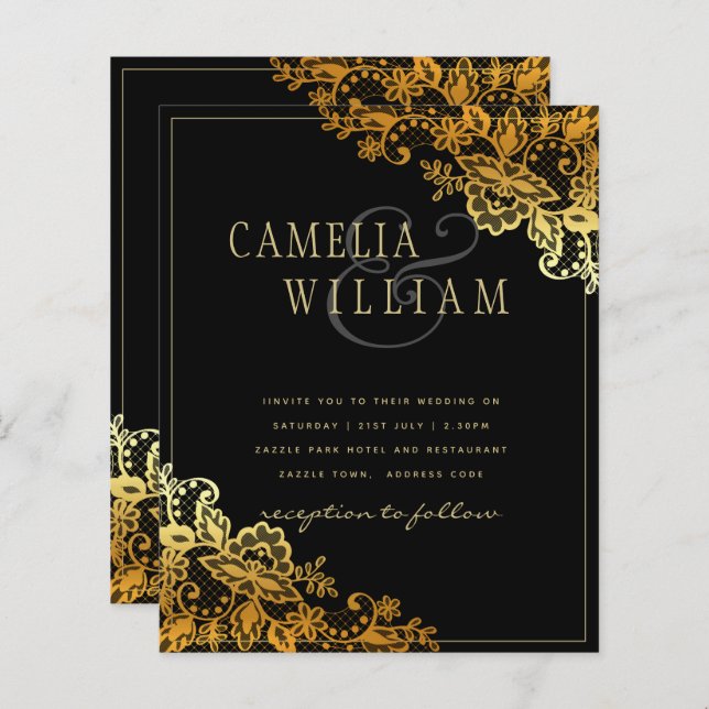 Black Gold Lace Wedding Invitations (Front/Back)