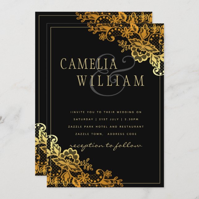 Black Gold Lace Wedding Invitations (Front/Back)