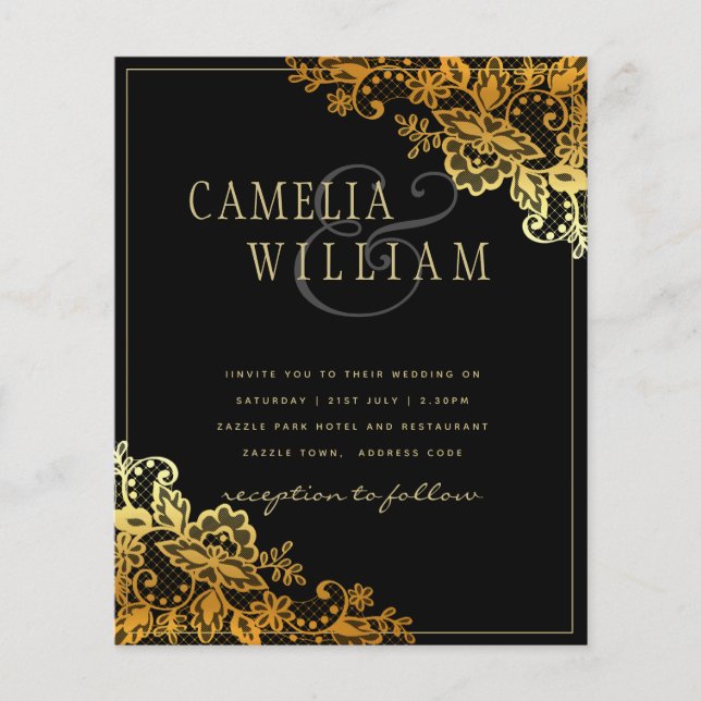 Black Gold Lace Wedding Invitations Flyer (Front)
