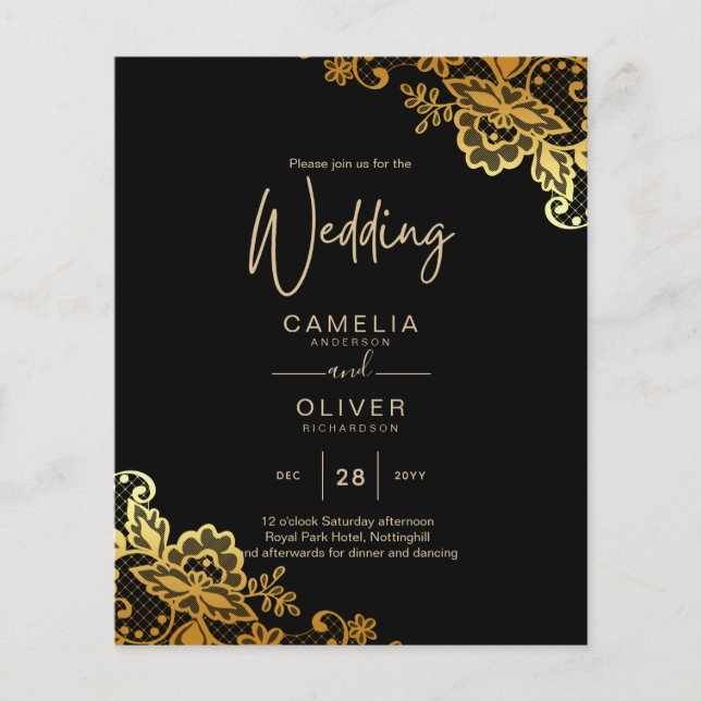 Black Gold Lace Wedding Invitations Flyer (Front)