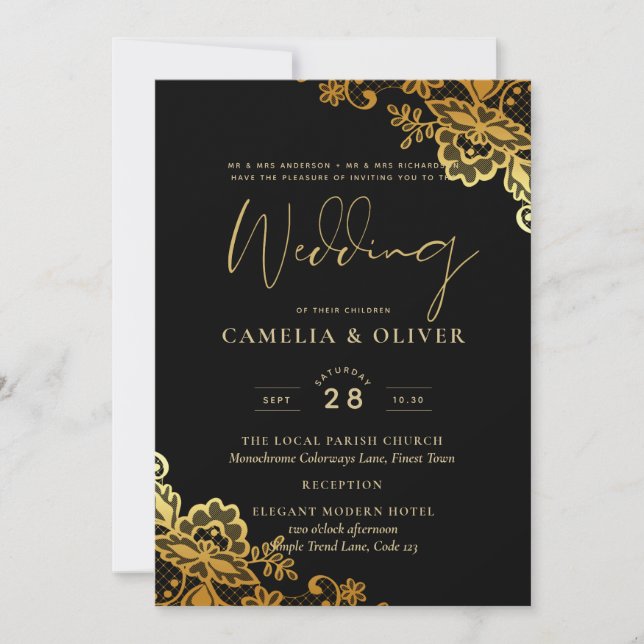 Black Gold Lace Wedding Invtiations Invitation (Front)