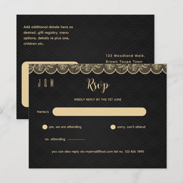 Black Gold Lace Wedding RSVP For Matching Inv Postcard (Front/Back)