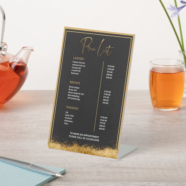 Black & Gold Lash Tech Price List | Luxury Beauty  Pedestal Sign (In SItu)