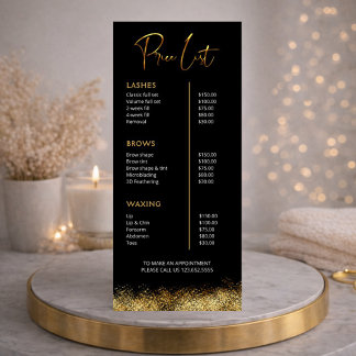 Black & Gold Lash Tech Price List | Luxury Beauty  Rack Card