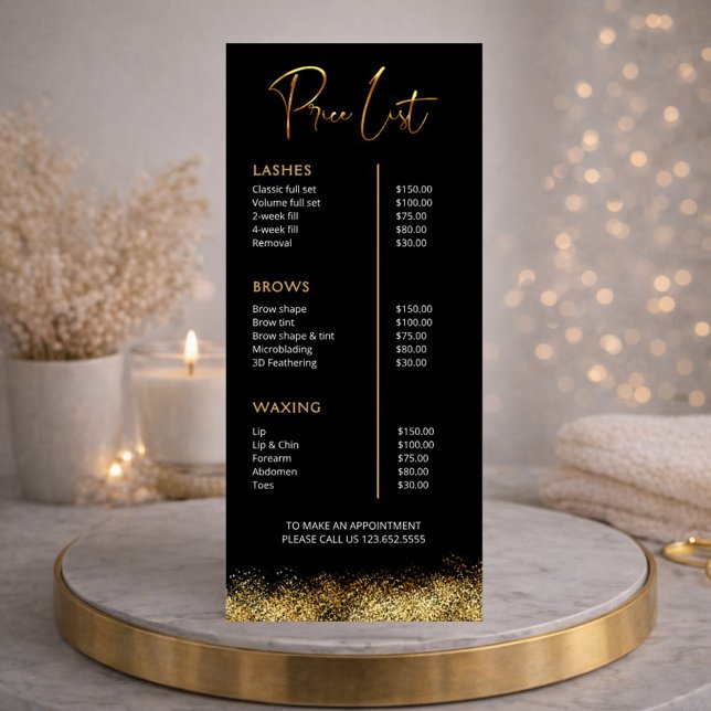 Black & Gold Lash Tech Price List | Luxury Beauty  Rack Card (Creator Uploaded)