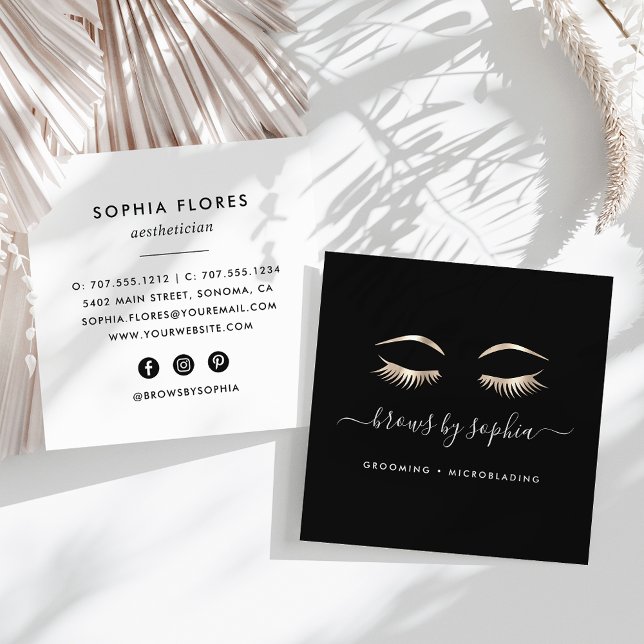Black & Gold Lashes & Brows Square Business Card (Creator Uploaded)