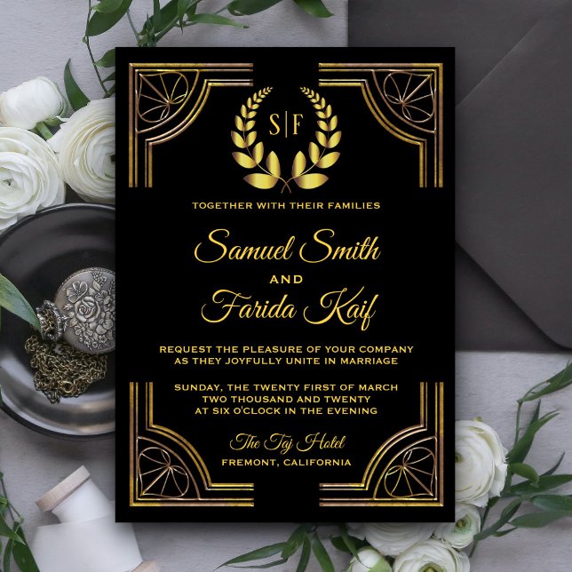 Black Gold Laurel Monogram Wedding Invitation (Creator Uploaded)