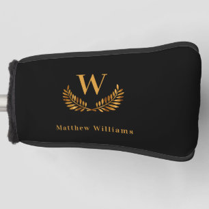 Black gold laurel name monogram golf head cover