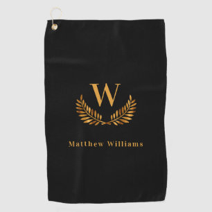 Black gold laurel name monogram golf towel