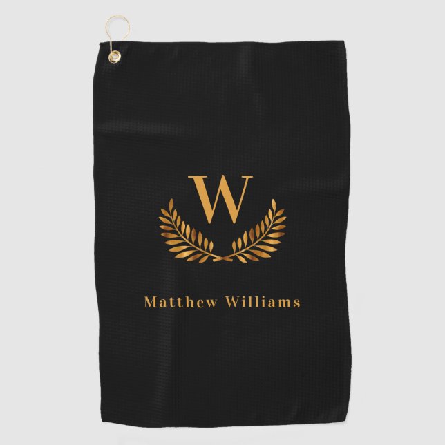 Black gold laurel name monogram golf towel (Front)