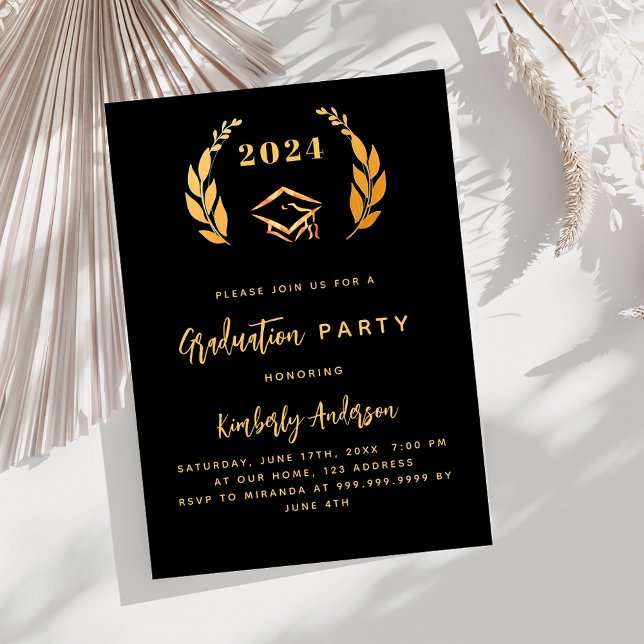 Black gold laurel wreath 2025 Graduation Party Invitation (Creator Uploaded)