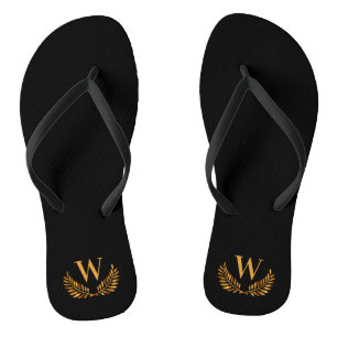 Black gold laurel wreath monogram initial letter jandals