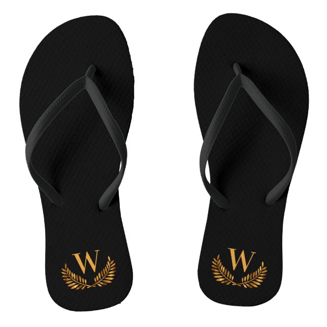 Black gold laurel wreath monogram initial letter jandals (Footbed)