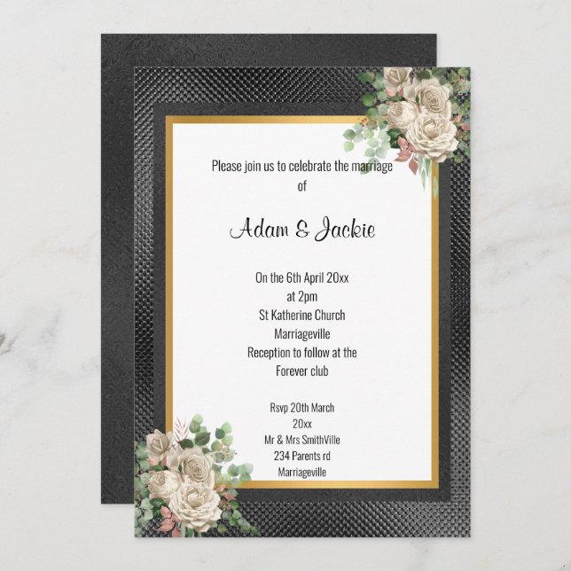BLACK GOLD LAYERED ROSE EUCALYPTUS WEDDING 2 INVITATION (Front/Back)