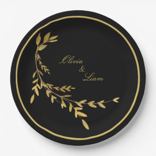 Black Gold Leaf Elegant Name Script Wedding Paper Plate
