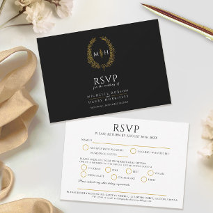 Black gold leaf monogram meal option wedding event RSVP card